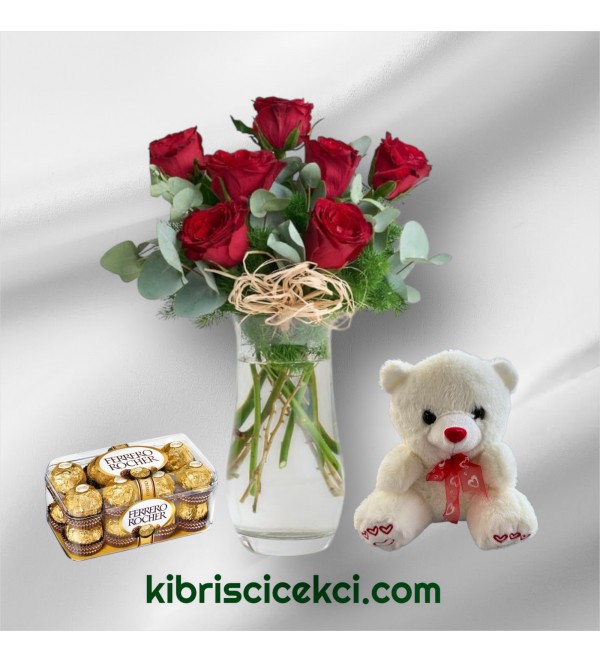 Vazoda 7 Kırmızı Gül Ayıcık 16'lı Ferrero Çikolata Vazoda 7 Kırmızı Gül Ayıcık 16'lı Ferrero Çikolata